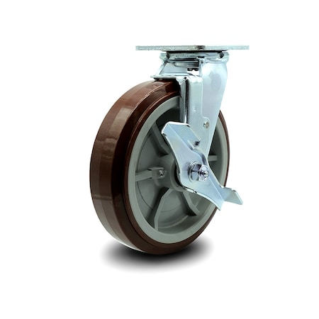 Service Caster 8 Inch Polyurethane Swivel Caster with Roller Bearing and Brake SCC-30CS820-PPUR-TLB
